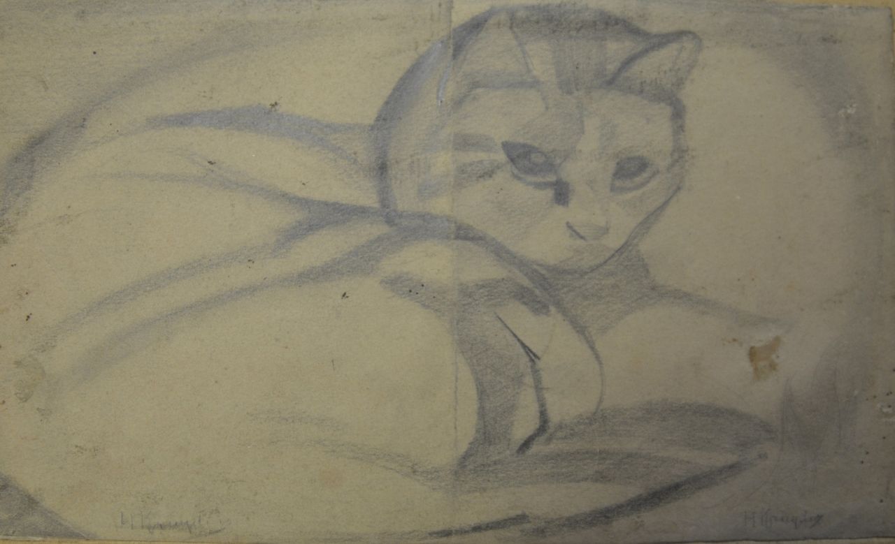 Kruyder H.J.  | 'Herman' Justus Kruyder, Cat, pencil on paper 14.9 x 25.0 cm, signed l.l. and l.r.