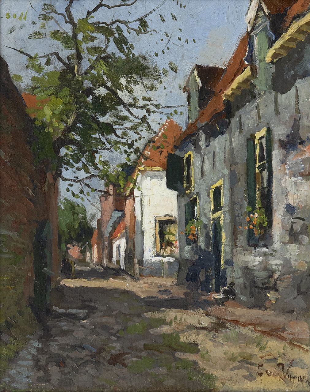 Vuuren J. van | Jan van Vuuren, A sunny street in Elburg, oil on canvas 24.6 x 19.7 cm, signed l.r.