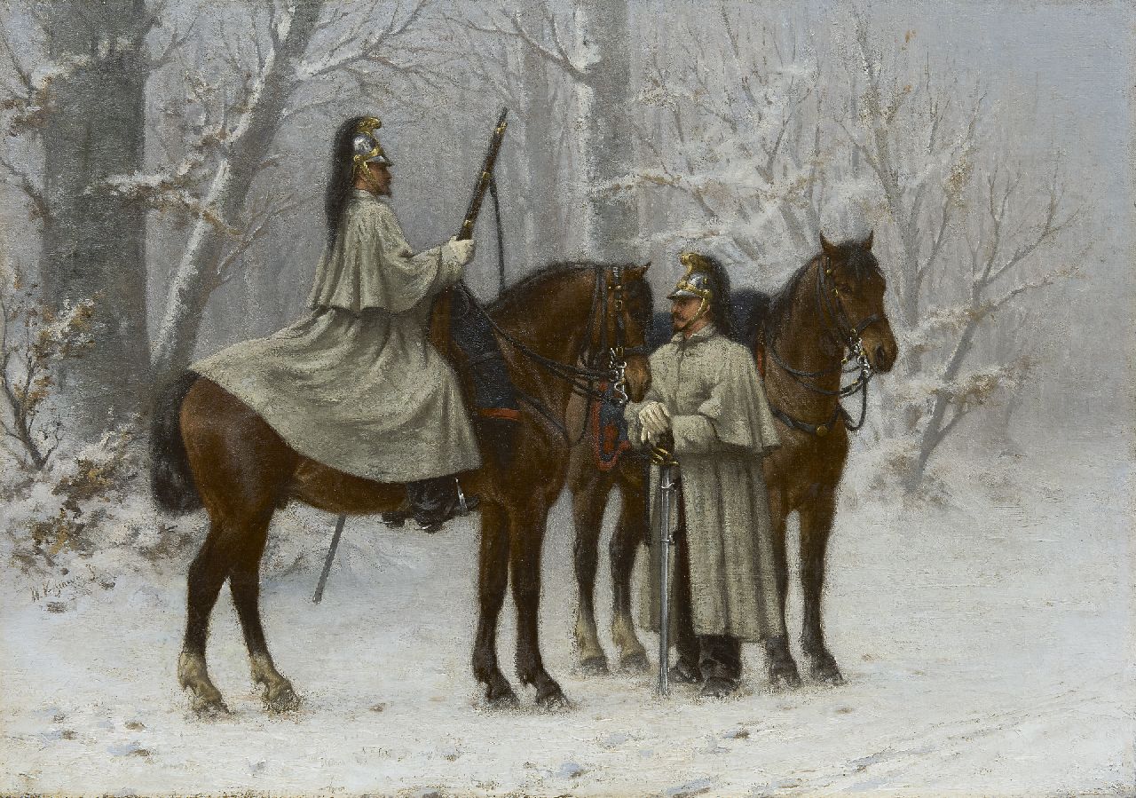Verschuur jr. W.  | Wouter Verschuur jr., Cavalrymen in a snowy forest, oil on canvas 41.5 x 58.3 cm, signed c.l.