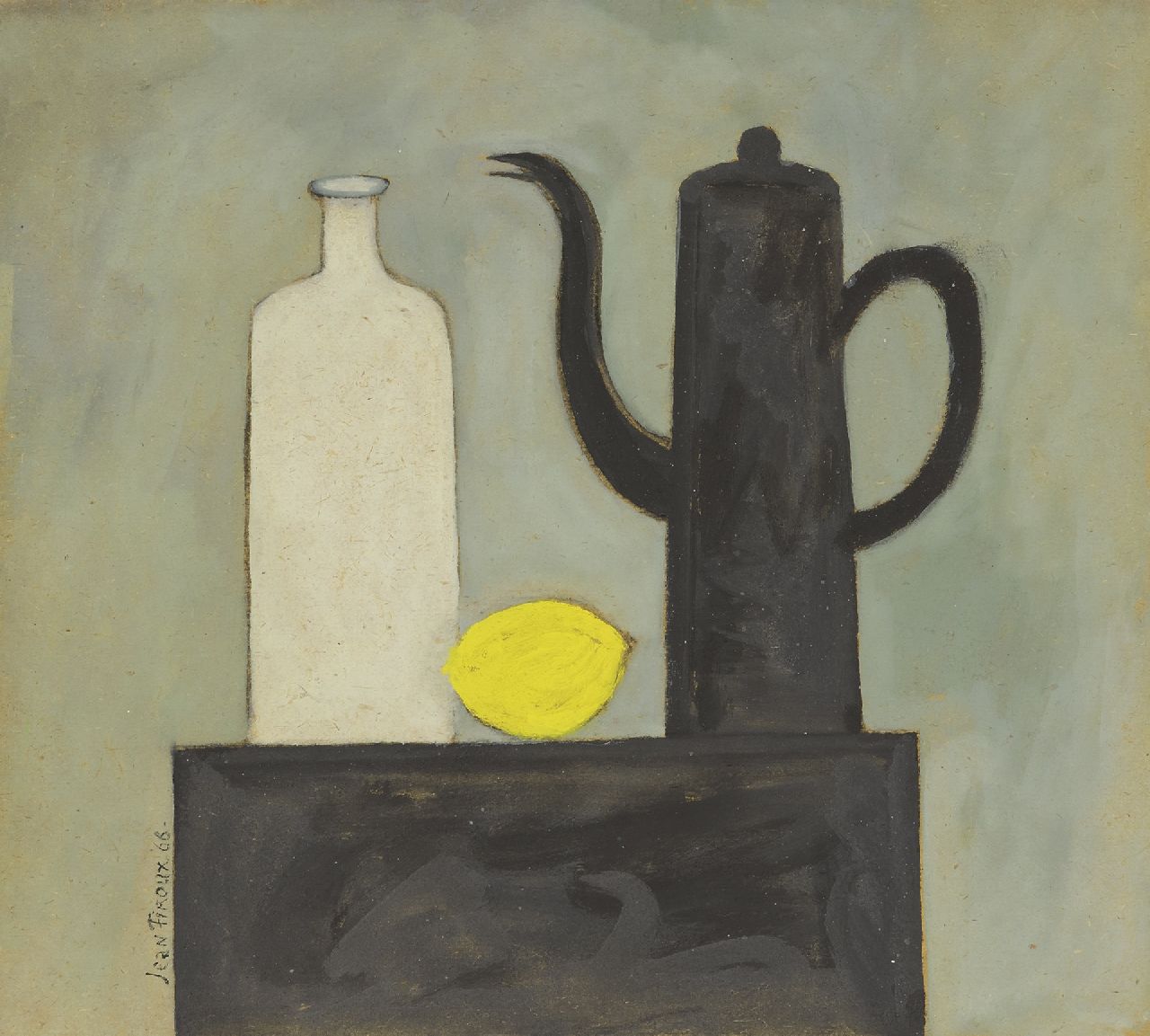 Jean Firoux | A still life with a teapot, bottle and lemon, crayon and gouache on board, 31.0 x 34.4 cm, signed l.l. and dated '66