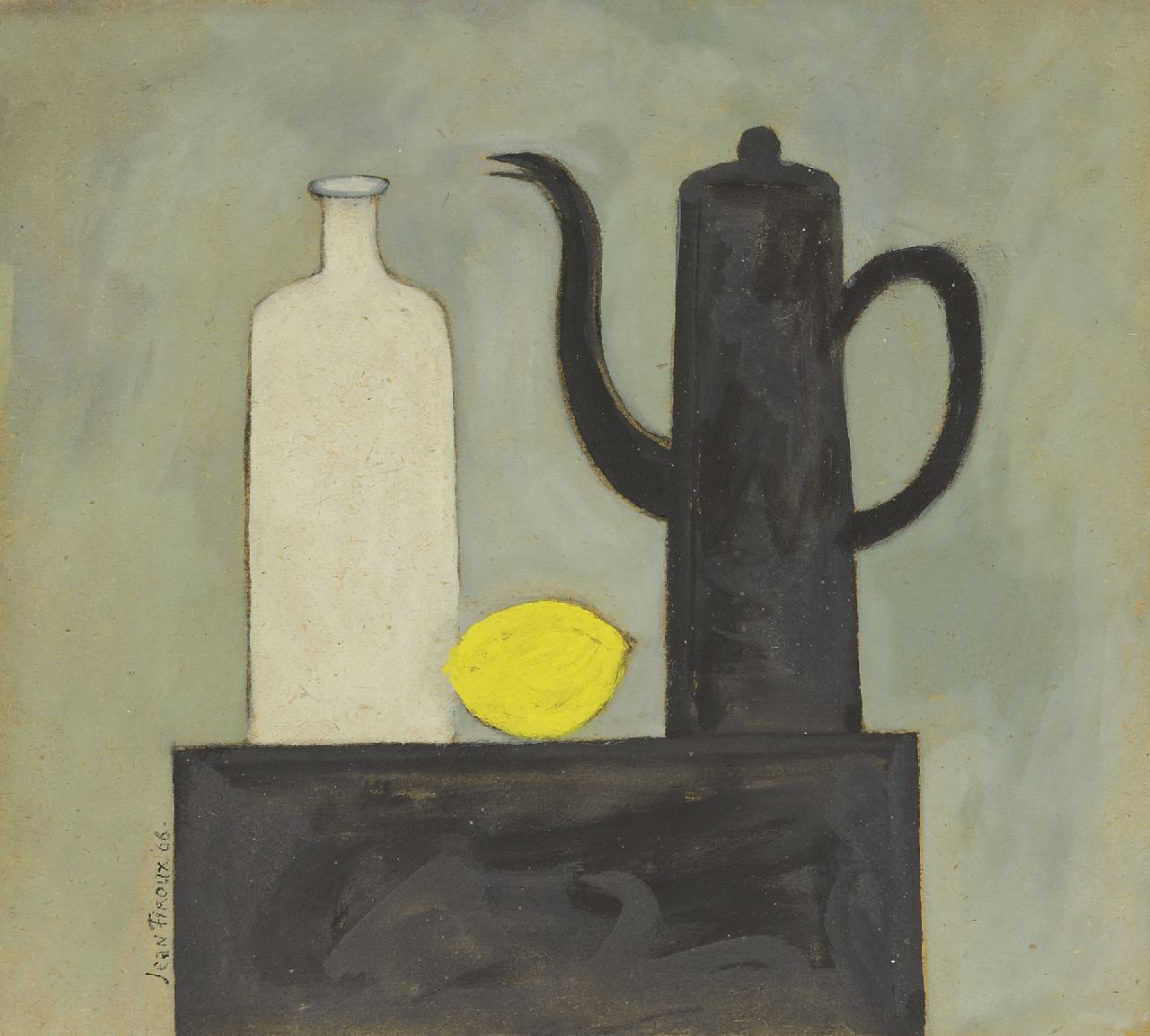 Jean Firoux | A still life with a teapot, bottle and lemon, crayon and gouache on board, 31.0 x 34.4 cm, signed l.l. and dated '66