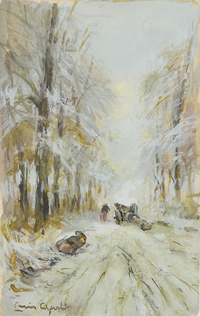 Apol L.F.H.  | Lodewijk Franciscus Hendrik 'Louis' Apol, Mallejan on a snowy forest path, gouache on paper 16.9 x 10.5 cm, signed l.l.