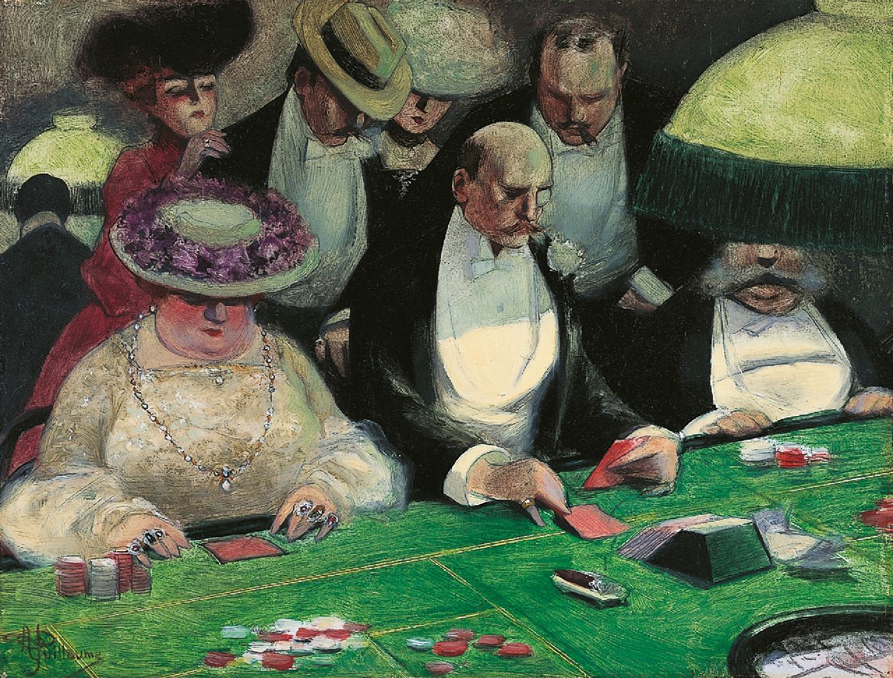 Guillaume A.  | Albert Guillaume, Playing for high stakes at the Baccarat table, pen and oilpaint on a painter's board 26.8 x 35.0 cm, signed l.l.