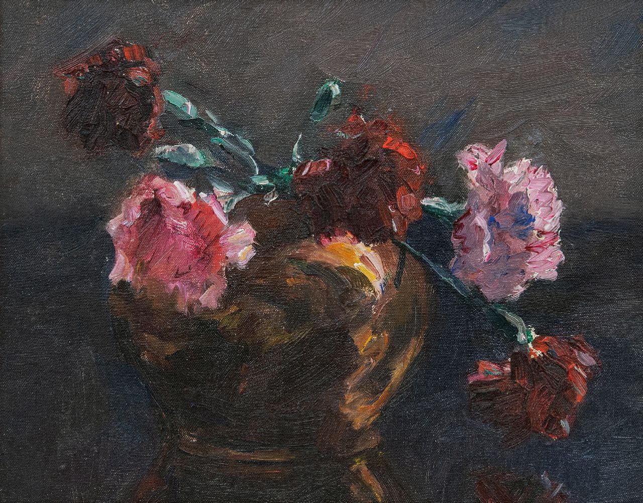 Tonge L.L. van der | 'Lammert' Leire van der Tonge | Paintings offered for sale | Carnations, oil on canvas laid down on panel 23.6 x 28.9 cm