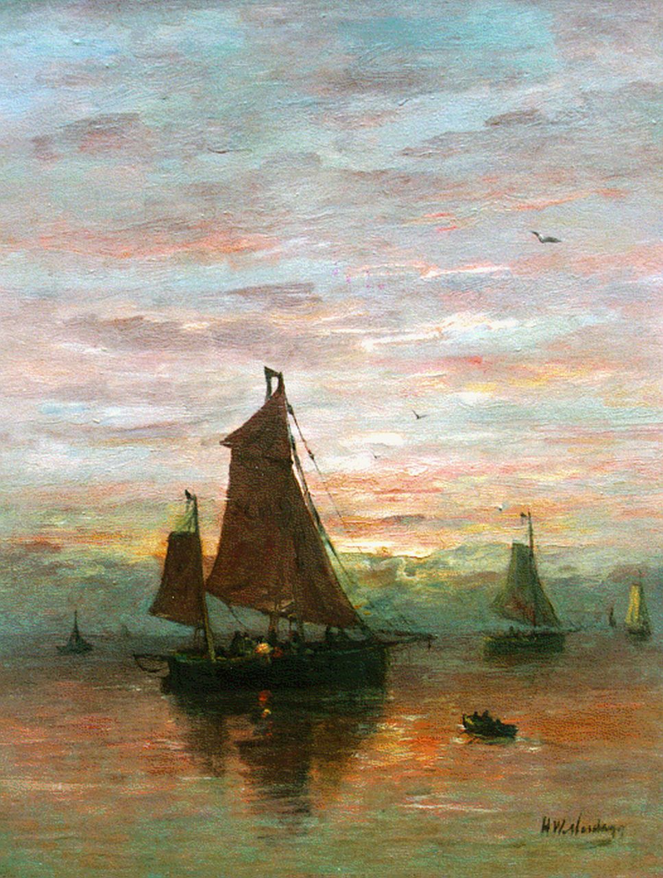 Mesdag H.W.  | Hendrik Willem Mesdag, Sailing vessels near the coast at dusk, oil on canvas 51.7 x 40.1 cm, signed l.r.