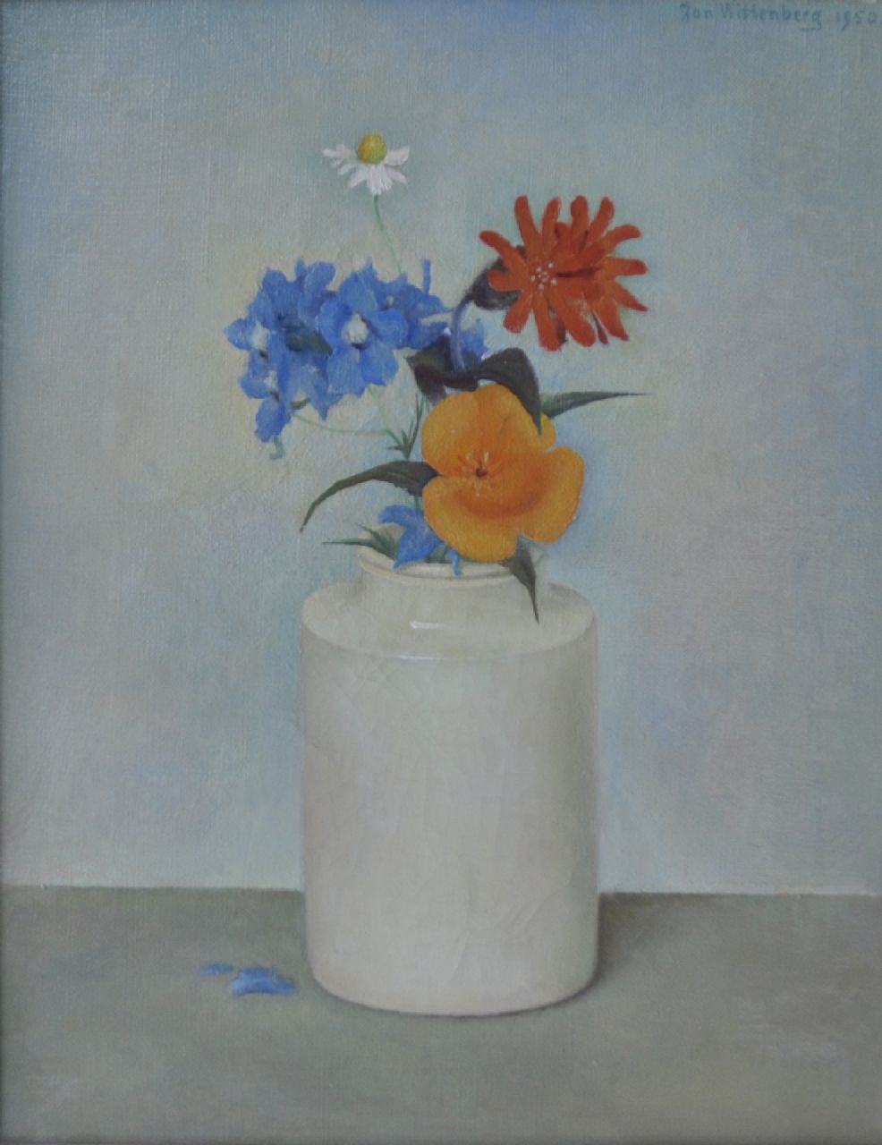 Wittenberg J.H.W.  | 'Jan' Hendrik Willem Wittenberg, Flowers in a white vase, oil on canvas 30.2 x 24.3 cm, signed u.r. and with the artist's stamp on the stretcher and dated 1950