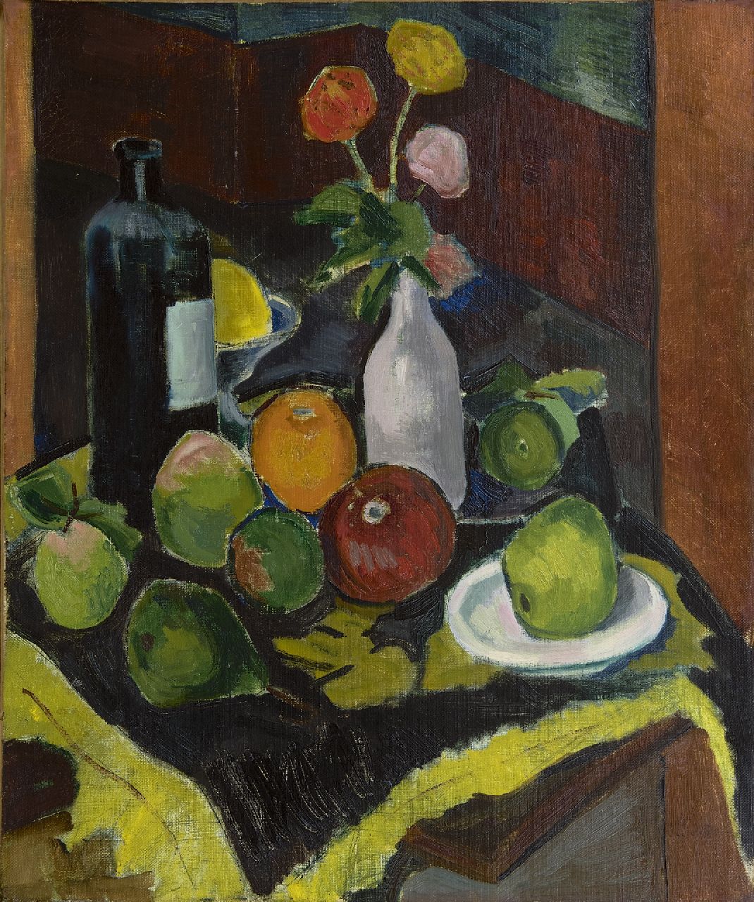 Schelfhout L.  | Lodewijk Schelfhout, A still life with fruit, flowers and a bottle, oil on canvas 55.5 x 46.0 cm, signed l.r. and dated 1908