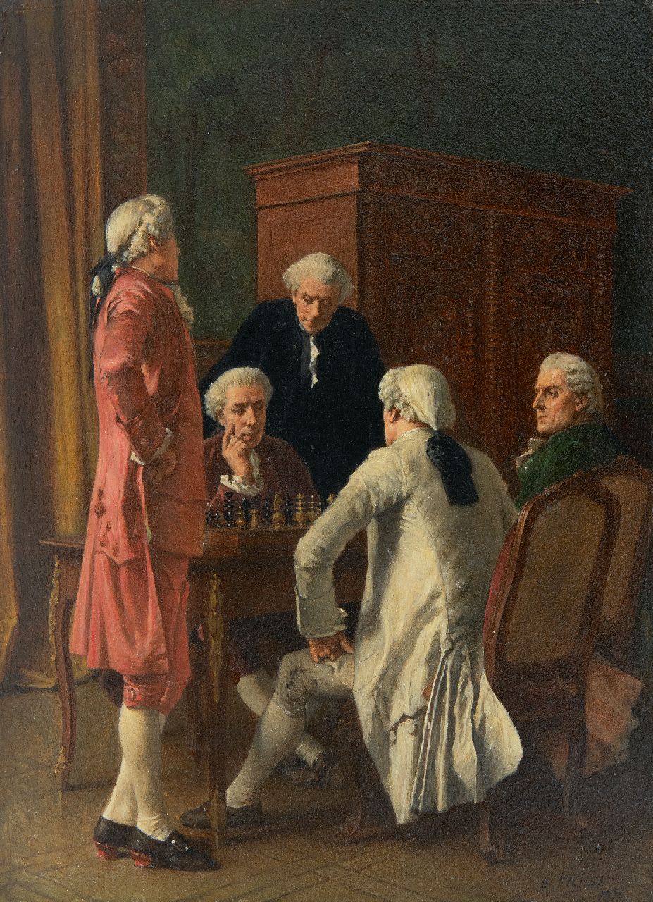 Eugène Fichel | The chess players, oil on panel, 21.8 x 16.0 cm, signed l.r. and dated 1887