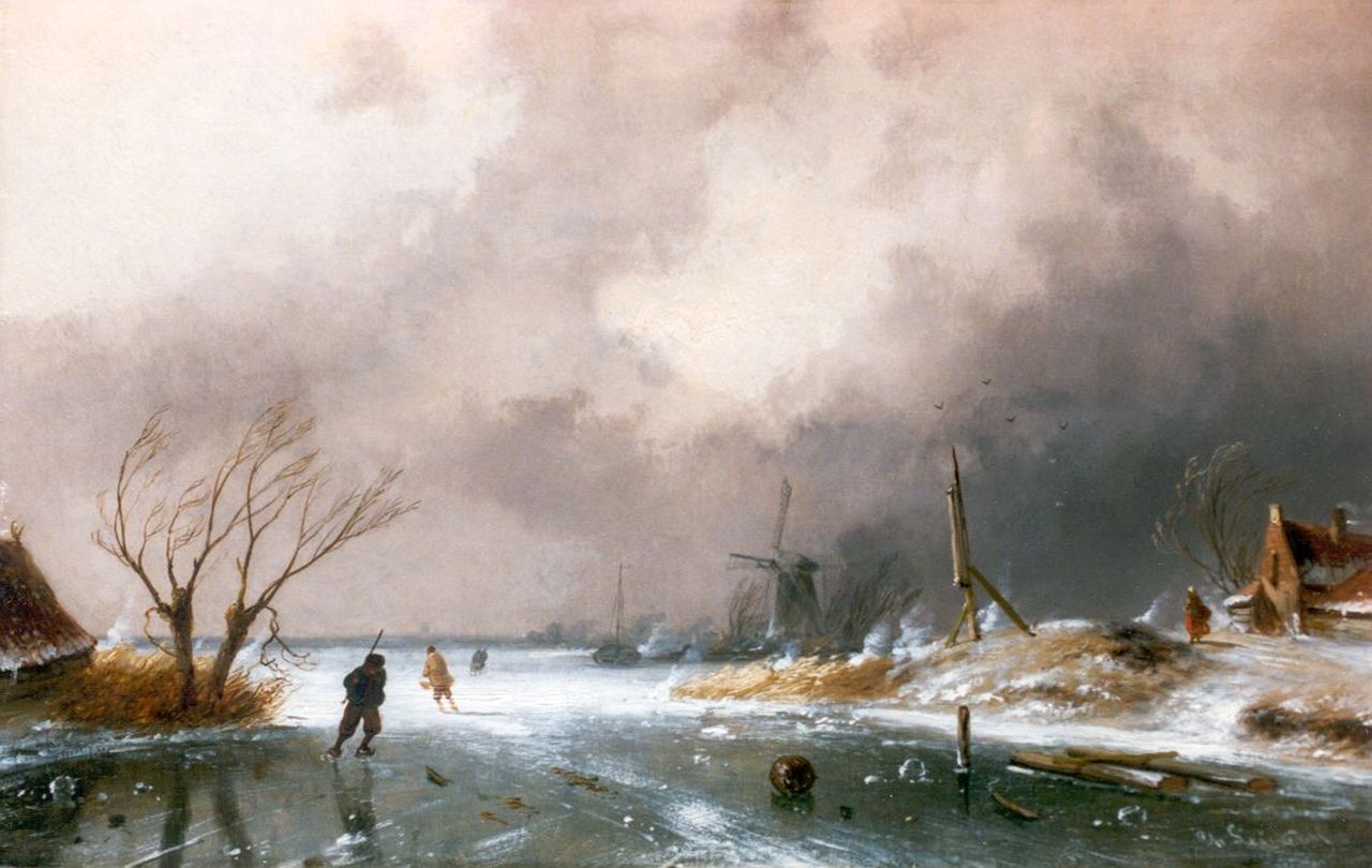 Leickert C.H.J.  | 'Charles' Henri Joseph Leickert, A winter landscape with skaters on a frozen waterway, oil on panel 22.7 x 36.3 cm, signed l.r.