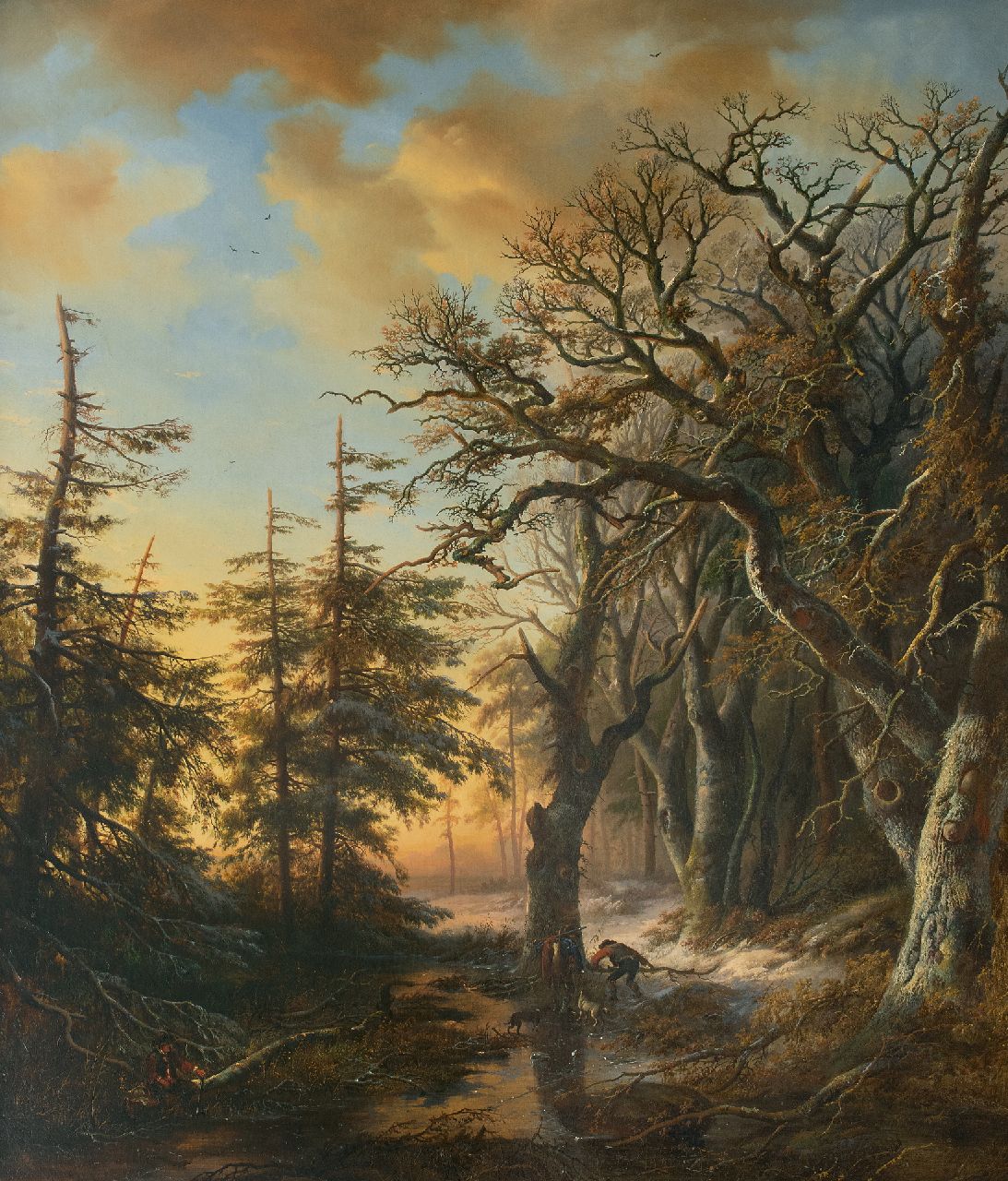Bodeman W.  | Willem Bodeman, Two huntsmen near a frozen brook in a snowy forest, oil on canvas 132.0 x 112.0 cm, signed l.l. and dated 1847