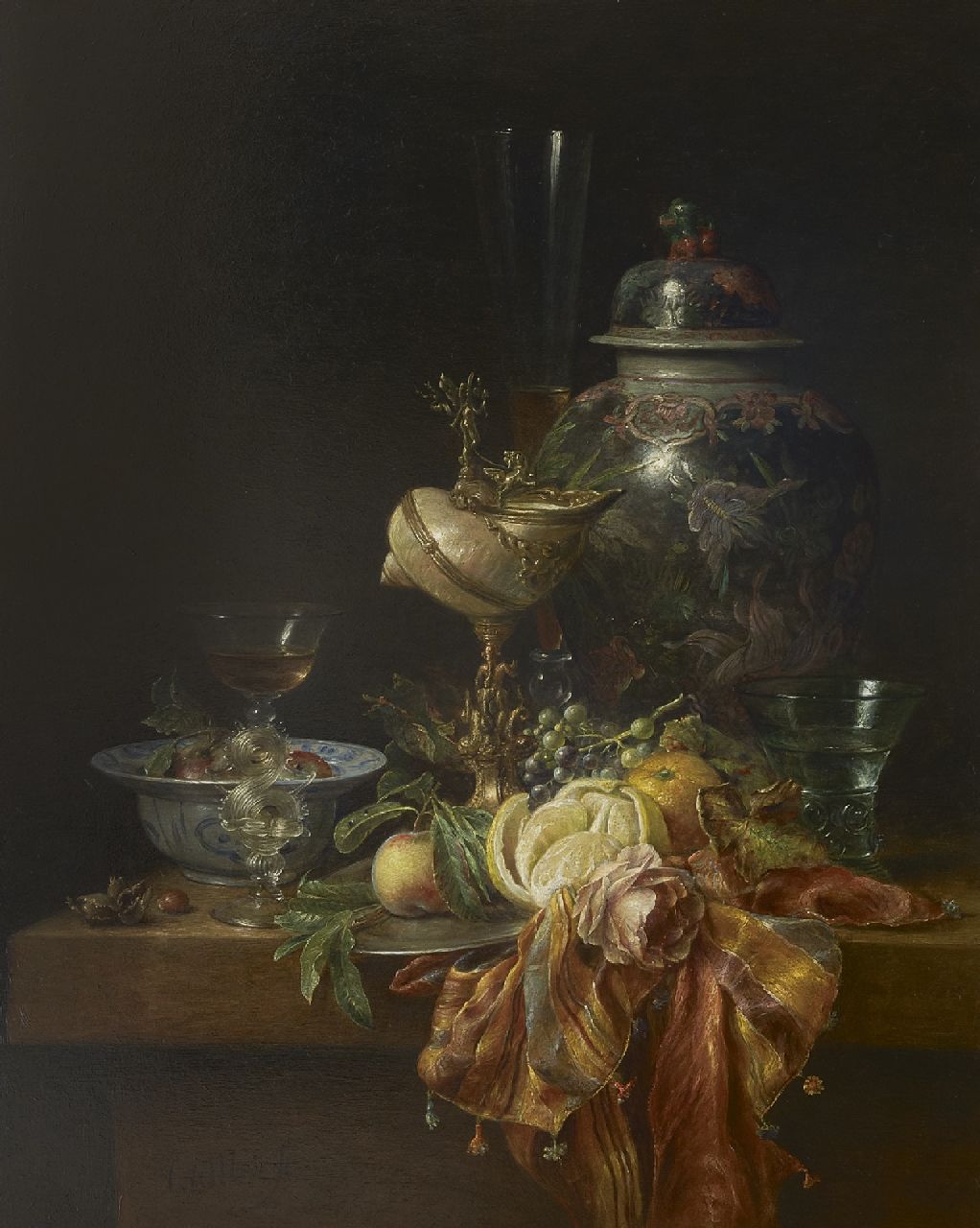 Cornelis Mair | Still life with a turbo shell cup and Chinese vase, oil on panel, 100.0 x 80.0 cm