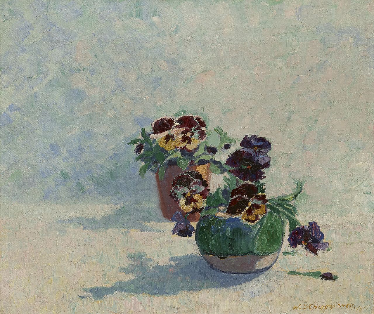 Schuhmacher W.G.C.  | Wijtze Gerrit Carel 'Wim' Schuhmacher | Paintings offered for sale | Ginger jar with violets, oil on canvas 34.5 x 40.3 cm, signed l.r. and dated 1914