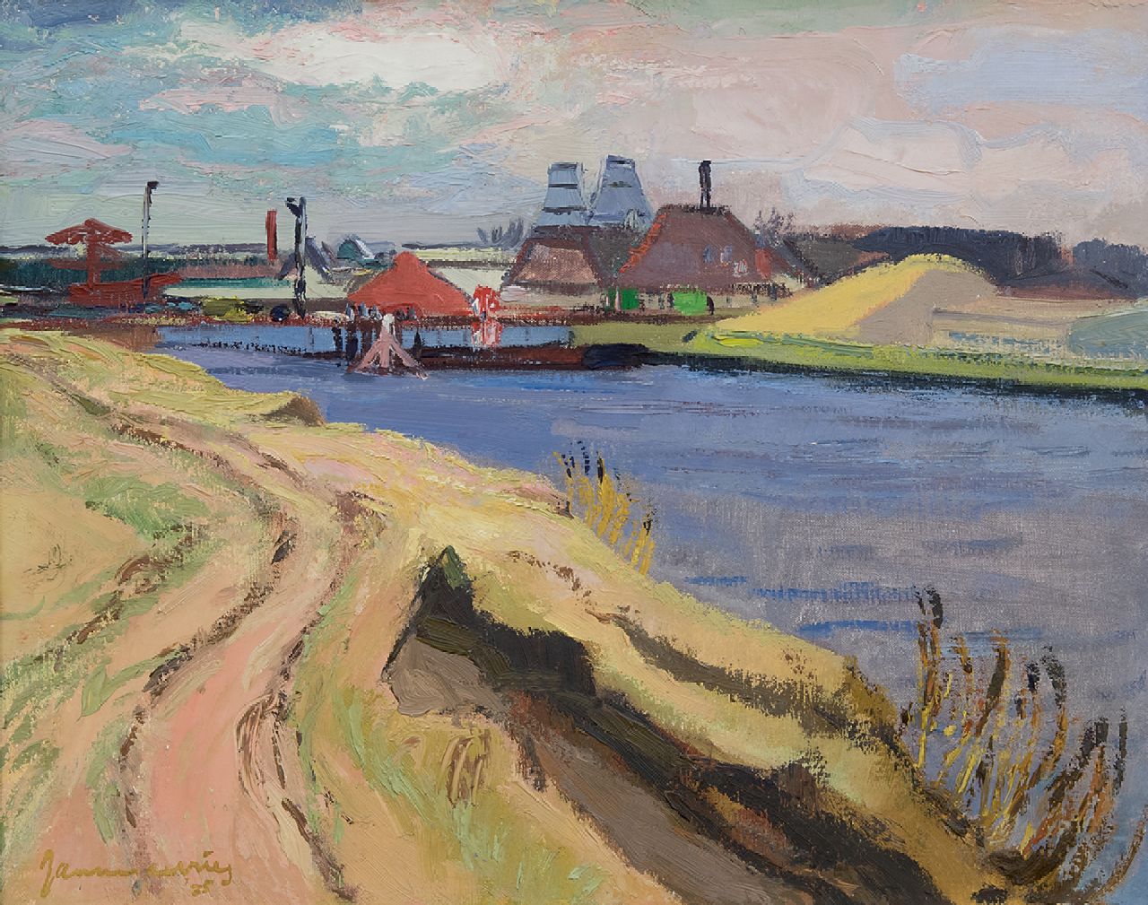 Vries J. de | Jannes de Vries, Lime kilns along the Reitdiep, Groningen, oil on canvas 40.0 x 50.0 cm, signed l.l. and on the reverse and dated '35