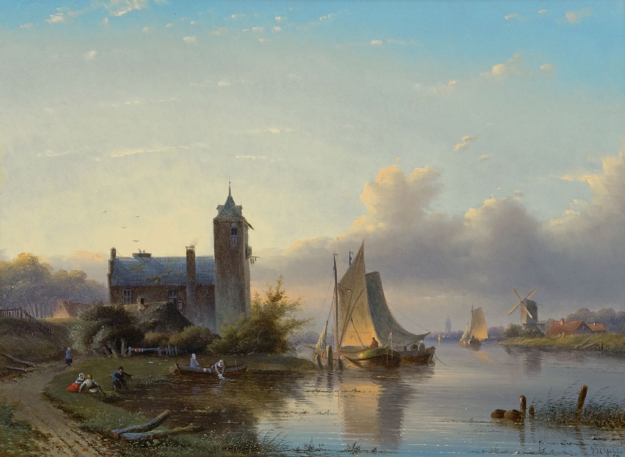 Spohler J.J.C.  | Jacob Jan Coenraad Spohler, A river landscape with sailing ships, oil on panel 38.7 x 52.4 cm, signed l.r. and dated '58