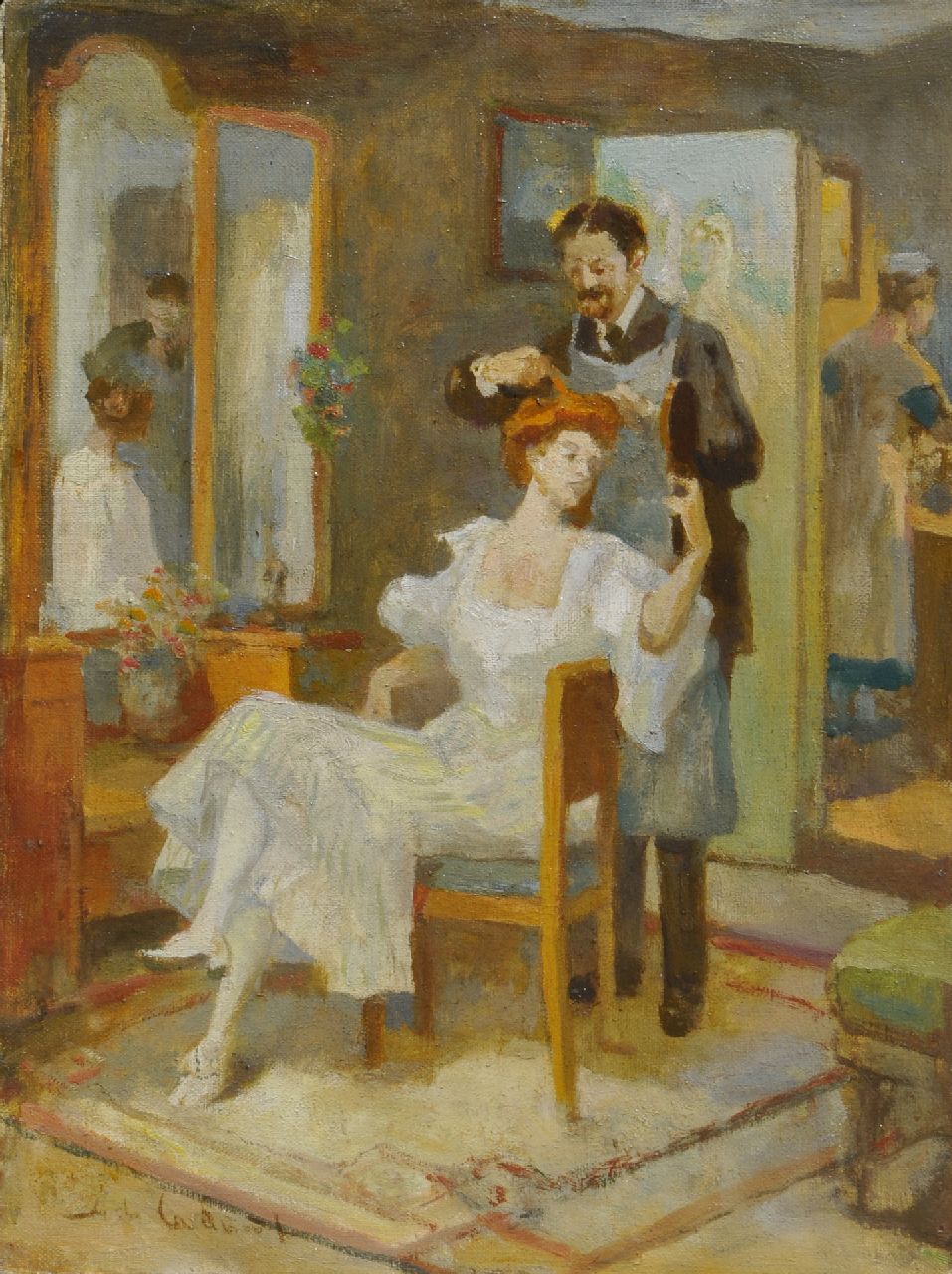 Rivière A.P. de la | Adrianus Philippus 'Adriaan' de la Rivière, The hairdresser's visit, oil on canvas 40.5 x 30.8 cm, signed l.l.