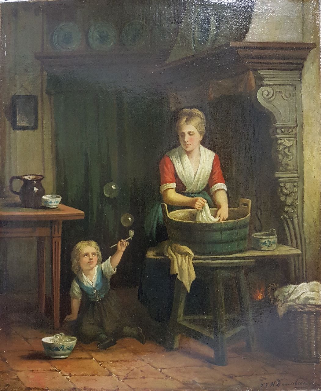 Damschreuder J.J.M.  | Jan Jacobus Matthijs Damschreuder, Blow bubbles, oil on canvas 43.6 x 35.7 cm, signed l.l.