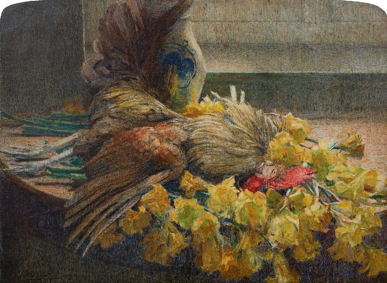 Verly A.  | Adelin Verly | Paintings offered for sale | A still life with flowers and poultry, oil on canvas 54.8 x 73.7 cm, signed l.l.