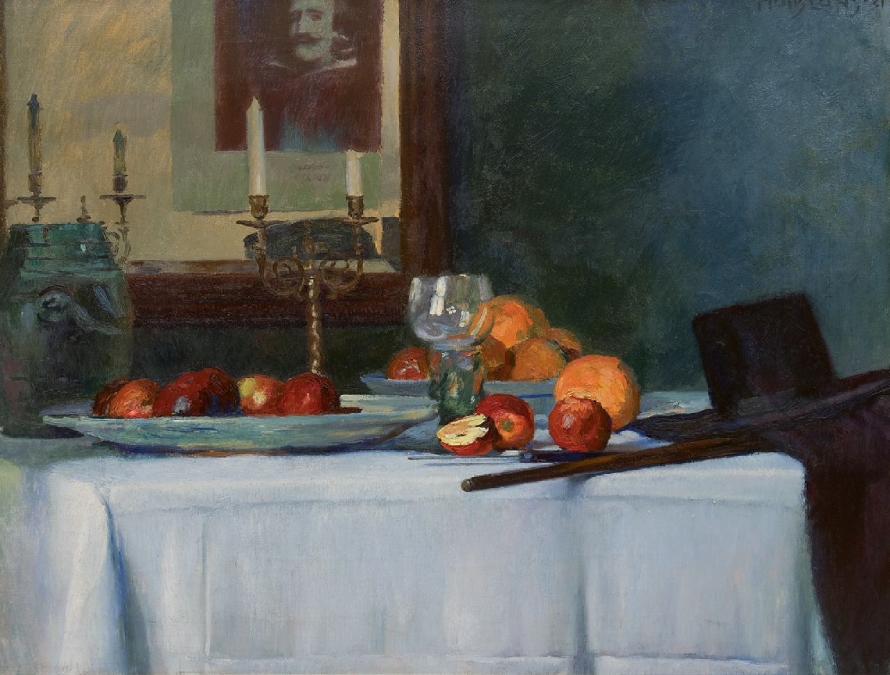 Luns H.M.  | Hubert Marie 'Huib' Luns, A still life with a roemer, fruit and ornamental candlesticks, oil on canvas 79.1 x 97.9 cm, signed u.r. and dated '31