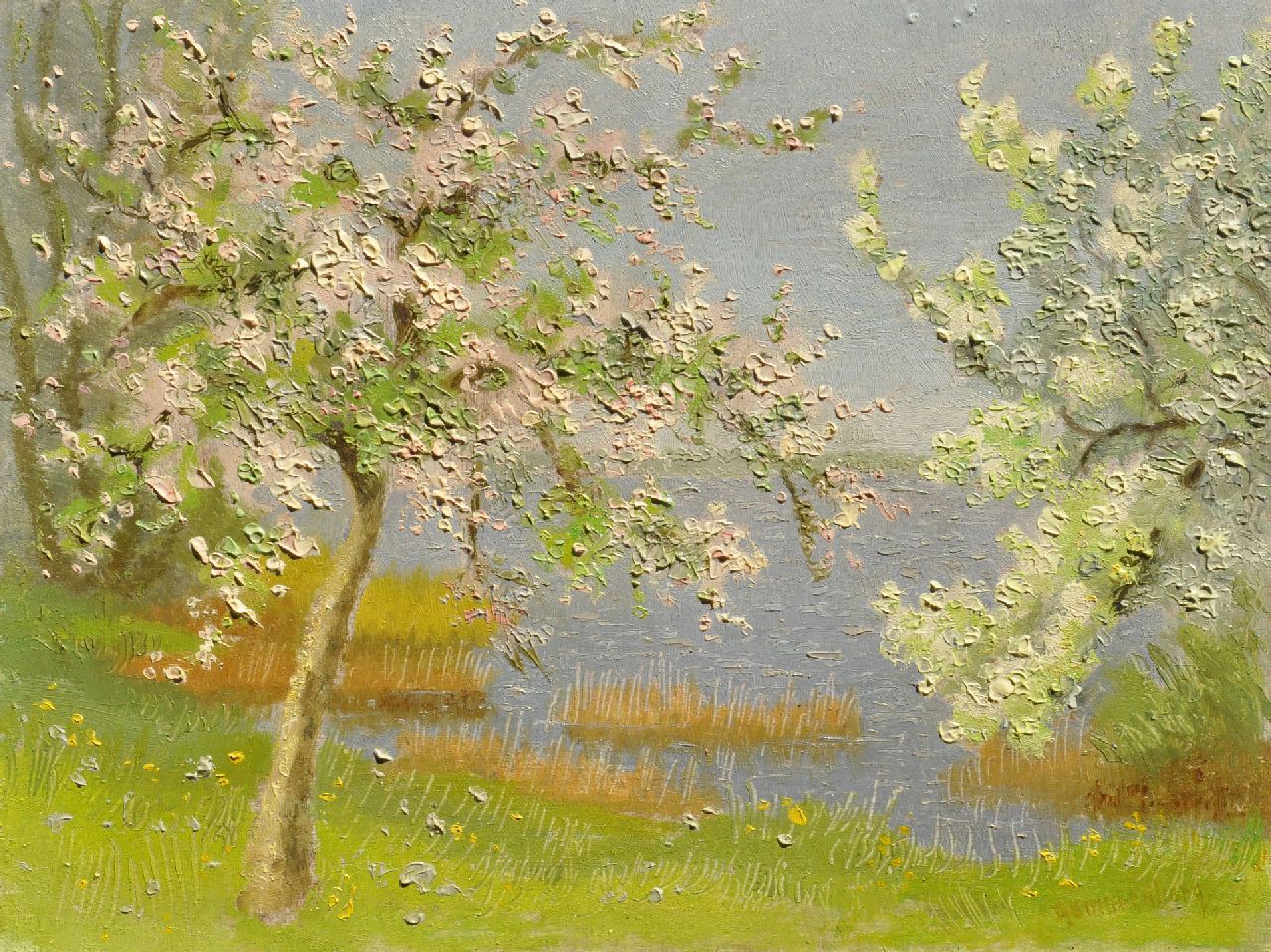 Smorenberg D.  | Dirk Smorenberg, Flowering trees in the painter's garden on the Loenderveense Plas, oil on board 18.0 x 23.9 cm, signed l.r.