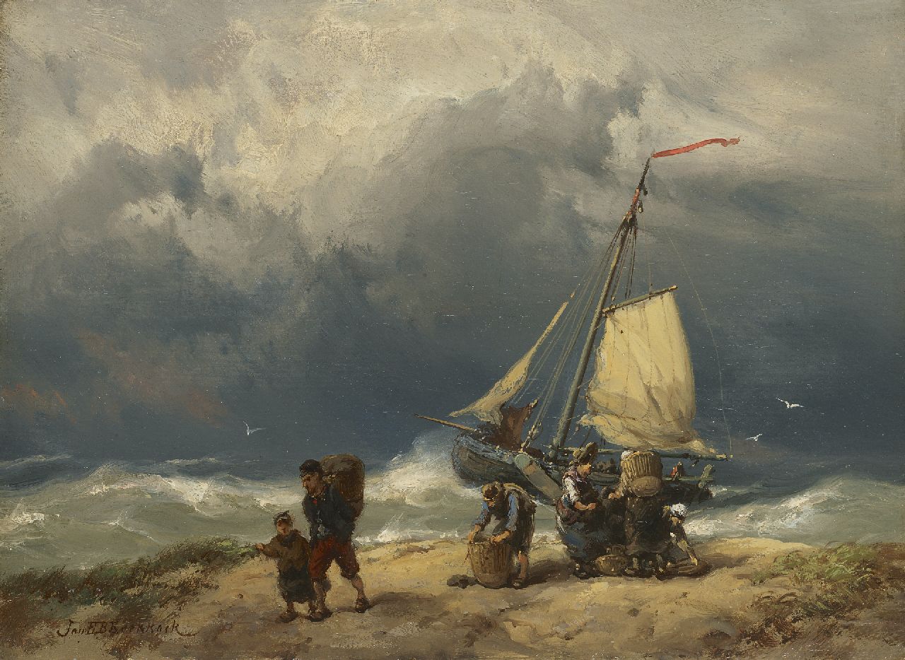 Koekkoek J.H.B.  | Johannes Hermanus Barend 'Jan H.B.' Koekkoek | Paintings offered for sale | Fisherfolk on a windswept beach, oil on panel 17.2 x 23.4 cm, signed l.l.