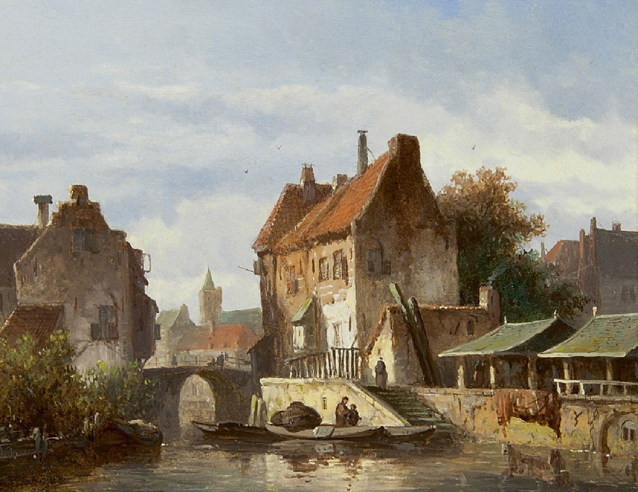 Eversen A.  | Adrianus Eversen, A town view with a canal, oil on panel 15.0 x 19.1 cm, signed l.l.