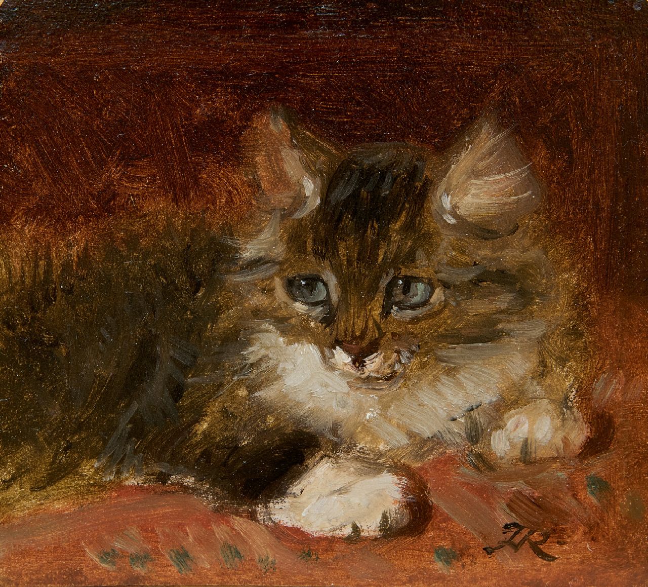 Ronner-Knip H.  | Henriette Ronner-Knip, A kitten, oil on paper laid down on panel 12.2 x 12.7 cm, signed l.r. with monogram