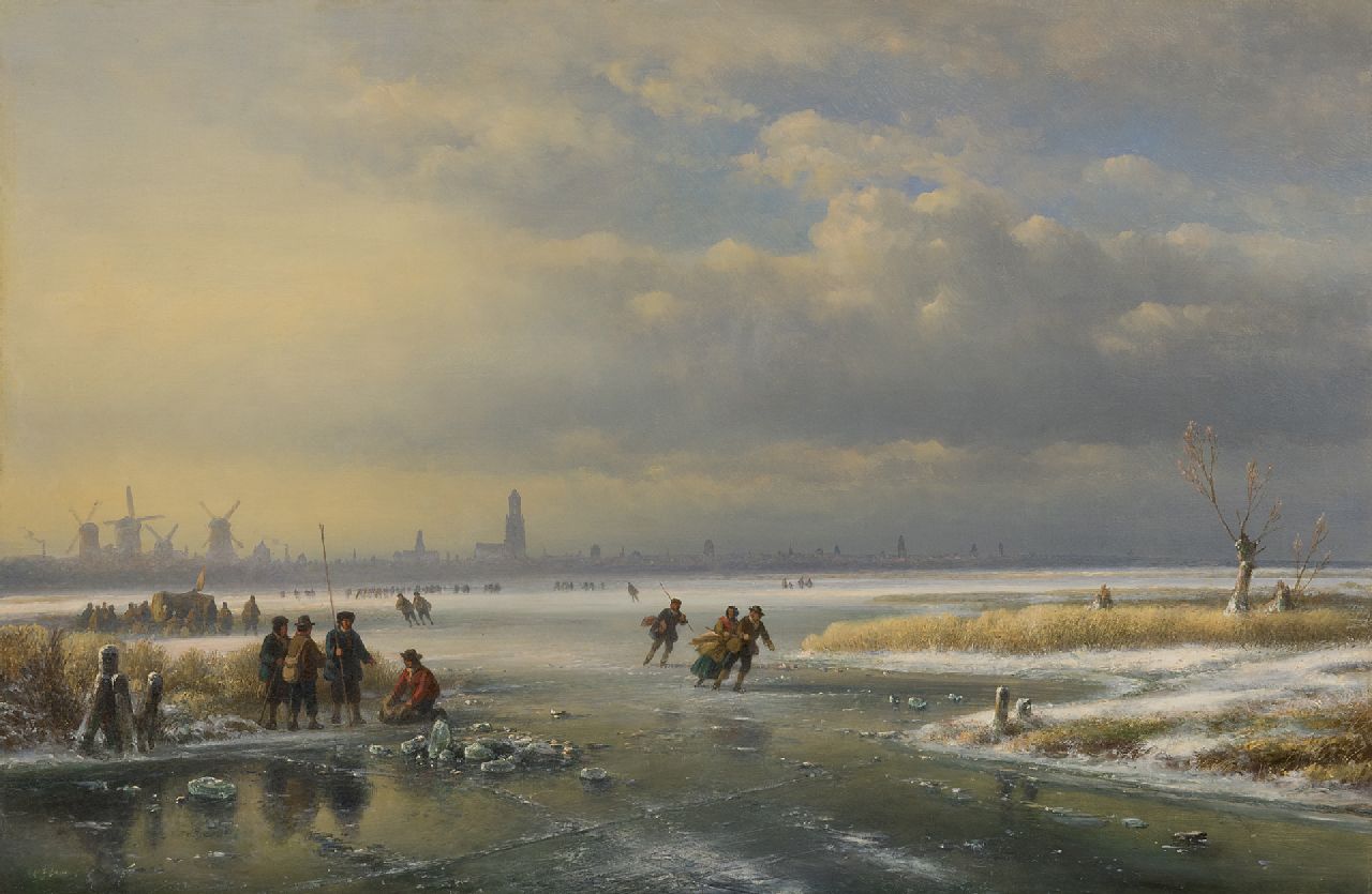 Kleijn L.J.  | Lodewijk Johannes Kleijn, Skating on a frozen river near a town, oil on panel 53.8 x 80.7 cm