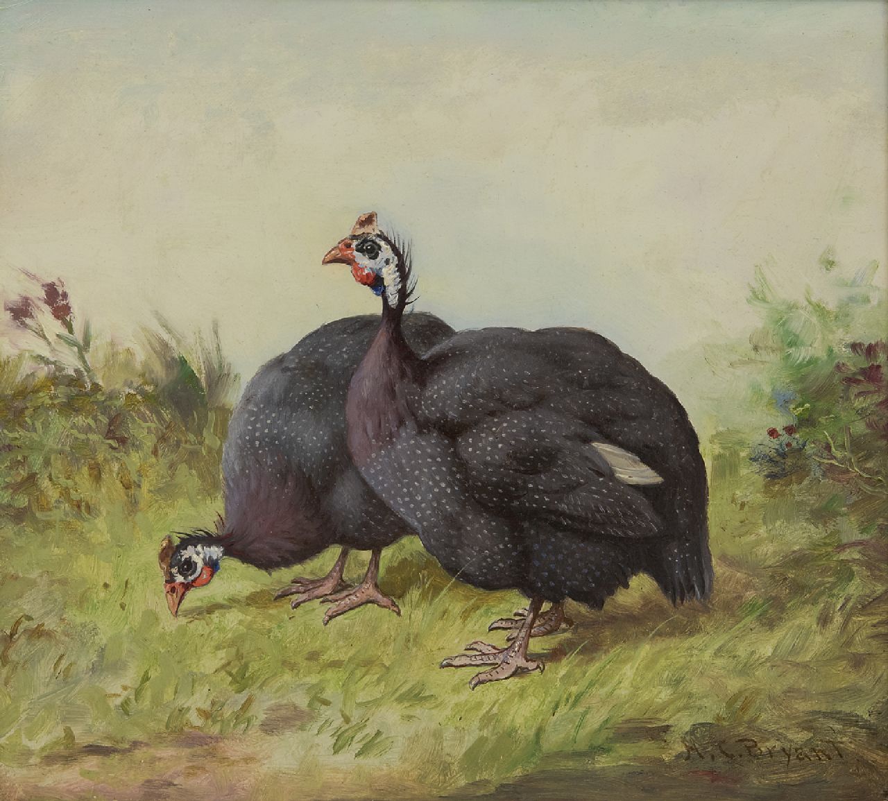 Bryant H.C.  | Henry Charles Bryant | Paintings offered for sale | A pair of guinea fowls, oil on painter's board 27.7 x 30.8 cm, signed l.r.