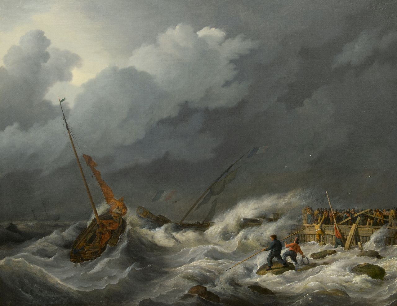 Baur N.  | Nicolaas Baur | Paintings offered for sale | Sailing ships entering a harbout in a heavy storm, oil on canvas 97.2 x 123.3 cm, ca. 1810
