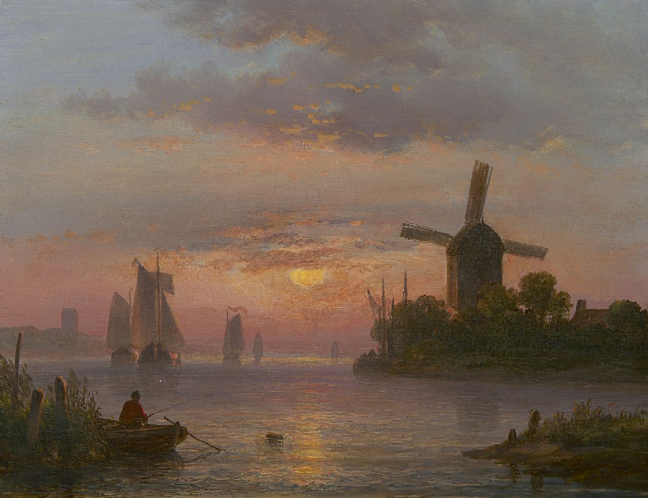 Kleijn L.J.  | Lodewijk Johannes Kleijn, A Dutch river landscape at sunset, oil on panel 21.2 x 27.4 cm