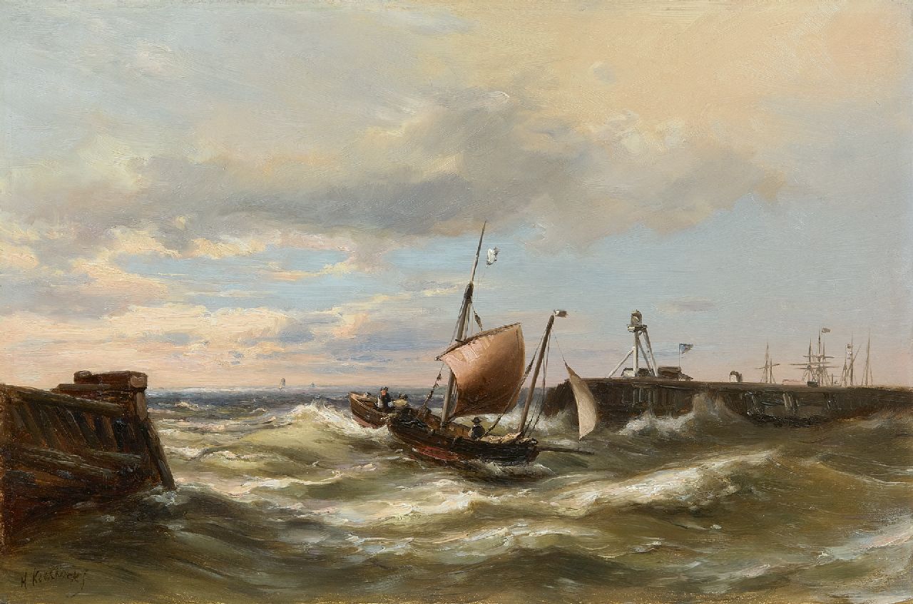 Koekkoek jr. H.  | Hermanus Koekkoek jr., Entering the harbour with a strong breeze, oil on panel 30.3 x 45.7 cm, signed l.l.