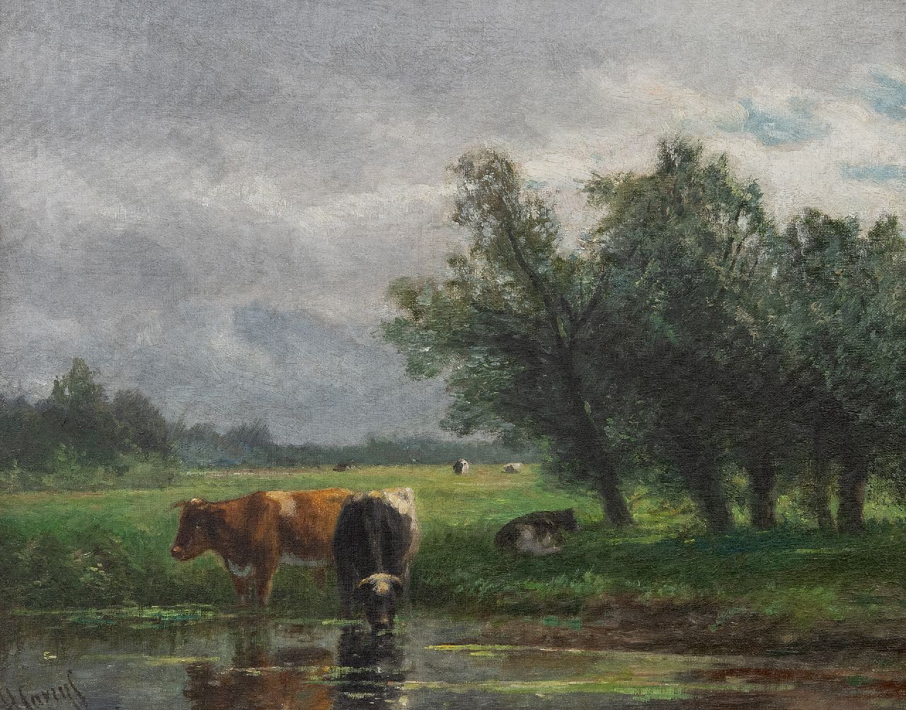 Savrij H.  | Hendrik Savrij, A polder landscape with drinking cattle, oil on canvas 37.0 x 47.2 cm, signed l.l.