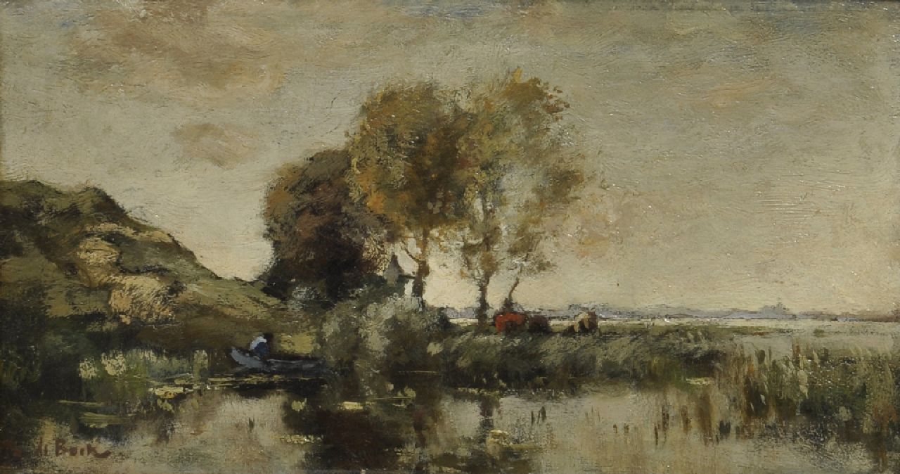 Bock T.E.A. de | Théophile Emile Achille de Bock, Landscape with cows, oil on panel 17.0 x 31.0 cm, signed l.l.