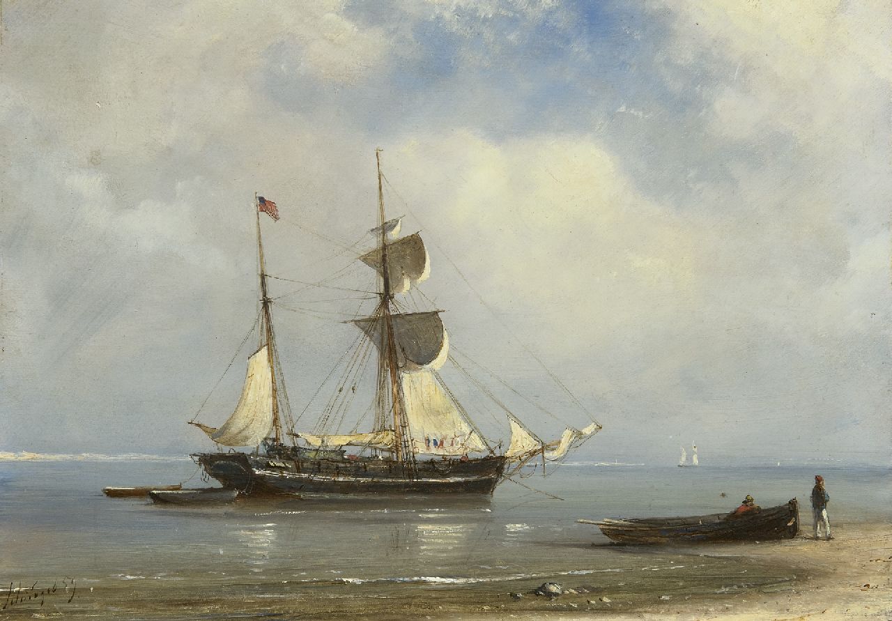 Schiedges P.P.  | Petrus Paulus Schiedges | Paintings offered for sale | A sailing ship achored in a calm sea, oil on panel 24.6 x 34.1 cm, signed l.l. and dated '59