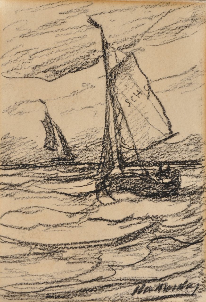 Mesdag H.W.  | Hendrik Willem Mesdag, Fishing boats at sea, charcoal on paper 19.5 x 13.5 cm, signed l.r.