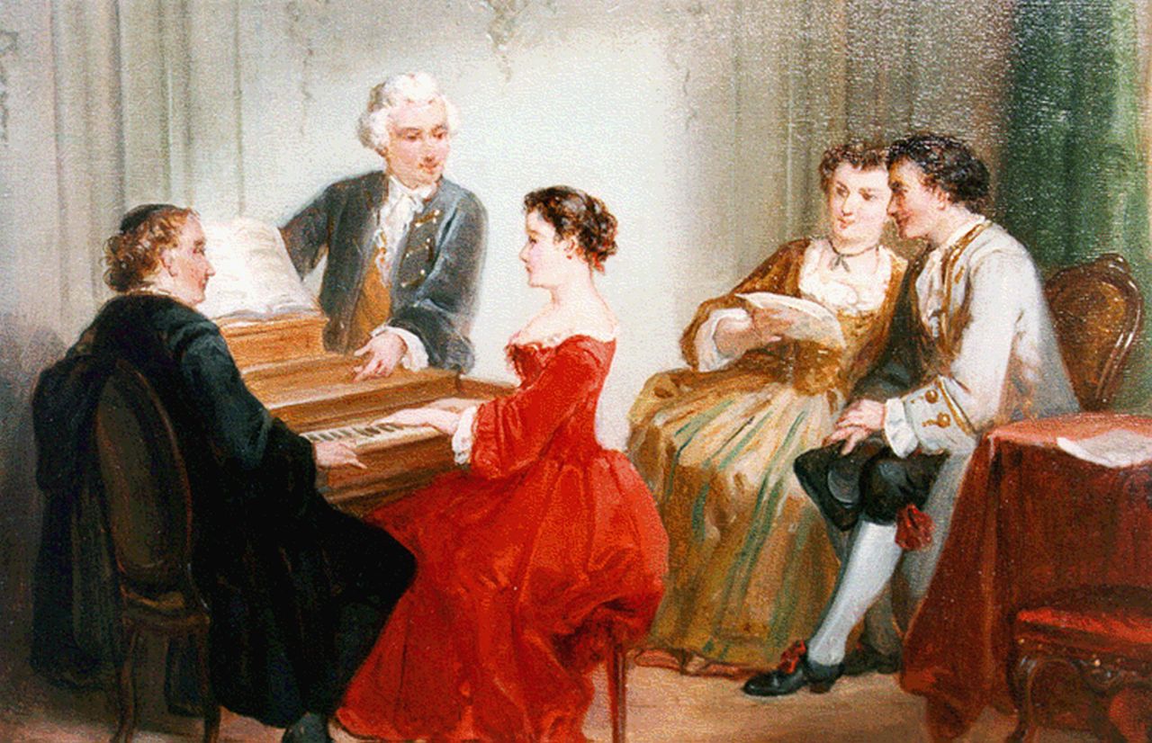 Reijntjens H.E.  | Henricus Engelbertus Reijntjens, Playing the piano, oil on panel 14.6 x 19.2 cm, signed l.r.