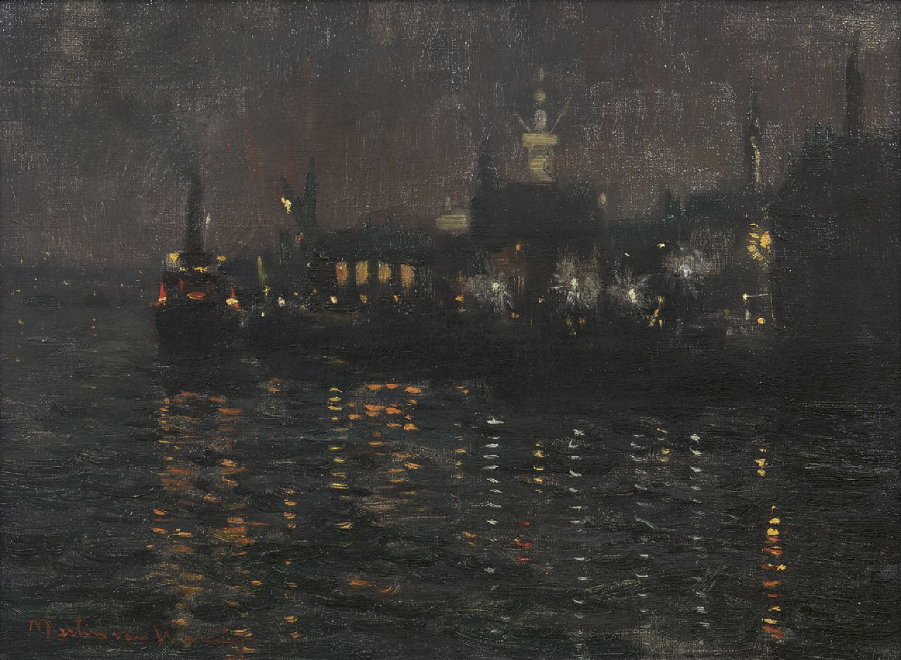 Waning G.M.W.F. van | Gijsbertus Martinus Wilhelmus Franciscus 'Martin' van Waning | Paintings offered for sale | Harbour at night, oil on canvas 30.2 x 40.3 cm, signed l.l.