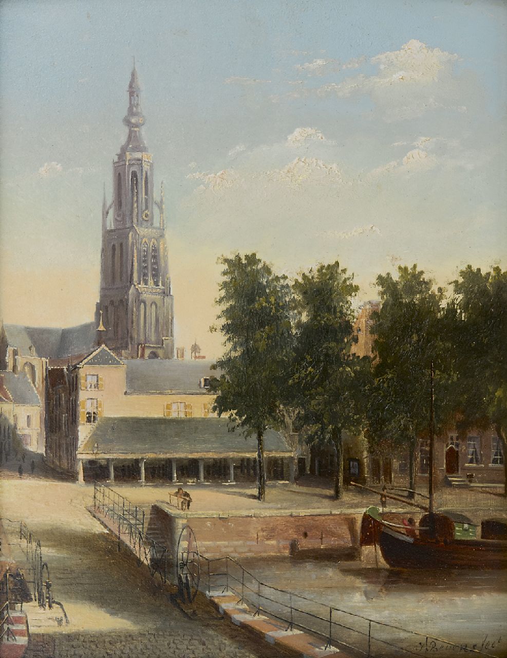 Beyens J.  | J. Beyens | Paintings offered for sale | A view of the Hoge bridge, fish market and the Grote Kerk in Breda, oil on panel 22.9 x 18.0 cm, signed l.r. and dated 1882