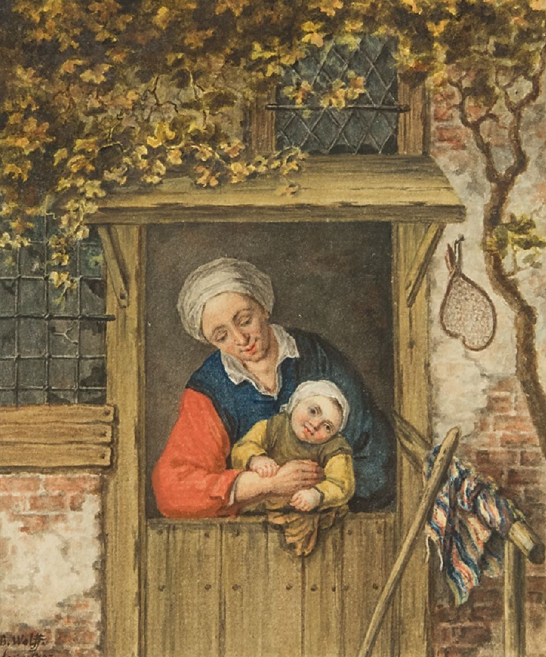 Wolff B.  | Benjamin Wolff | Watercolours and drawings offered for sale | A farmer's wife with her child in a doorway, watercolour on paper 14.2 x 12.3 cm, signed l.l. and dated 1793