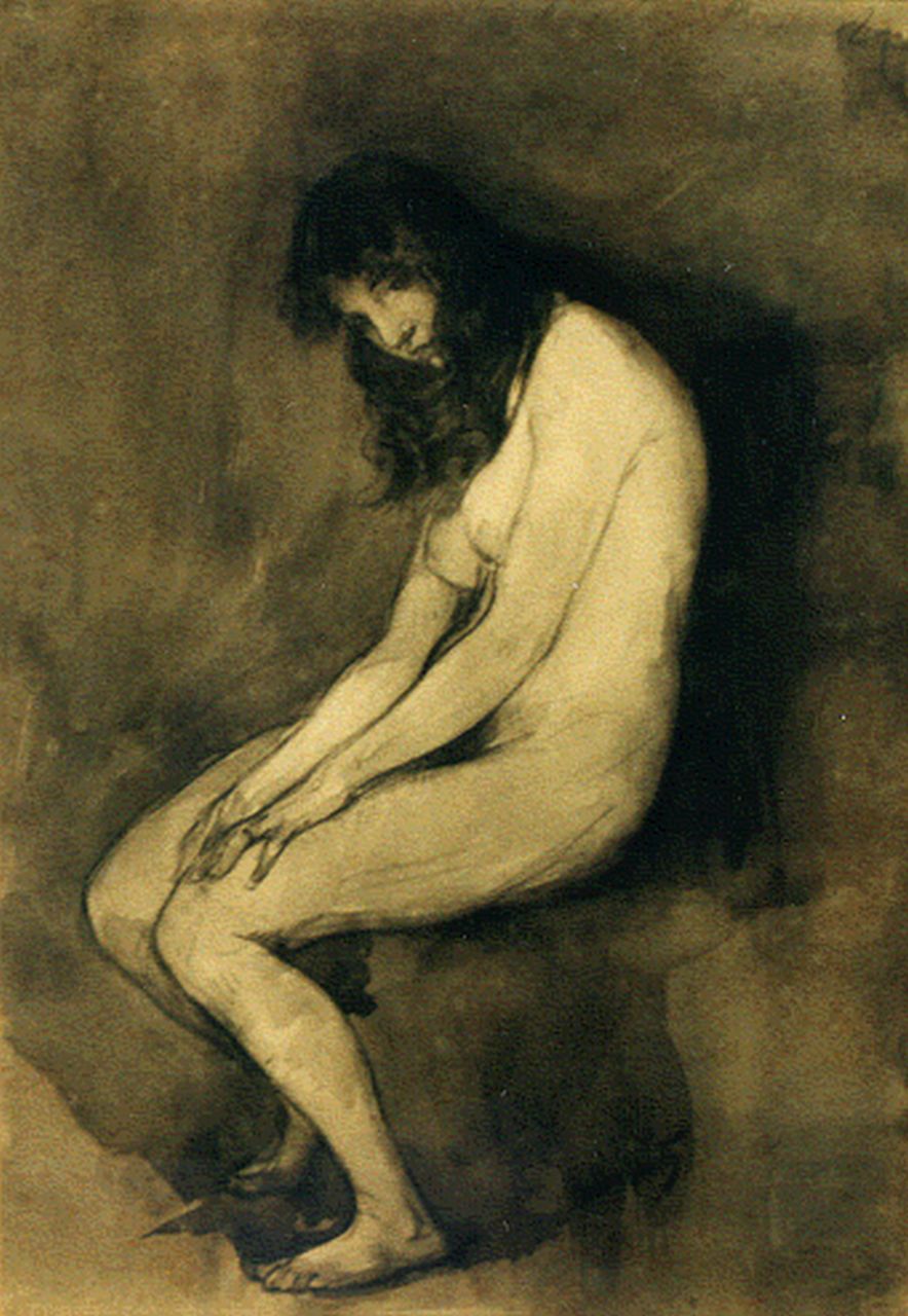 Smith H.  | Hobbe Smith, Sitting nude, ink on paper 38.5 x 26.5 cm, signed l.r.