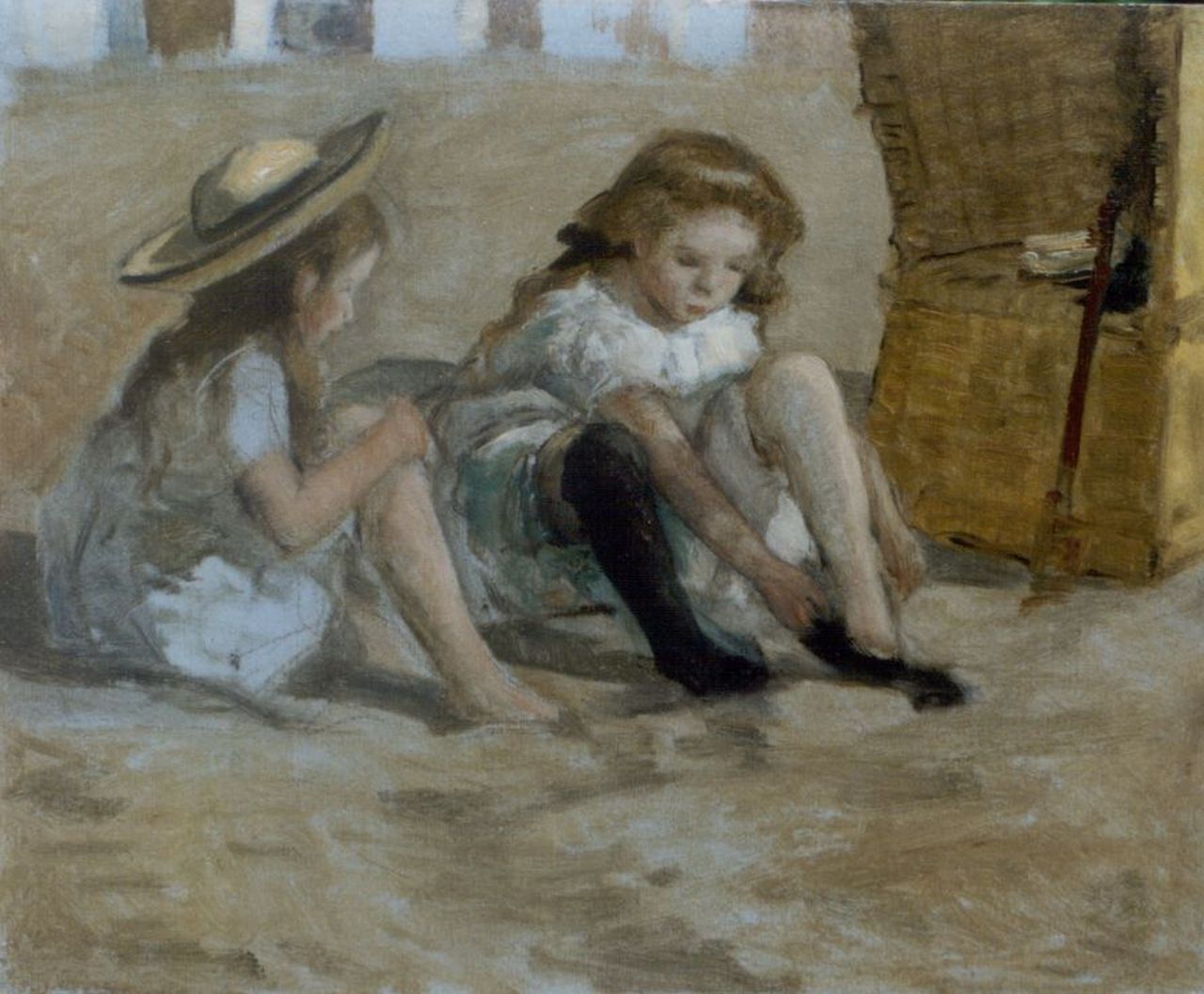 Jonge J.A. de | Johan Antoni de Jonge, Two girls on the beach, 22.0 x 27.0 cm