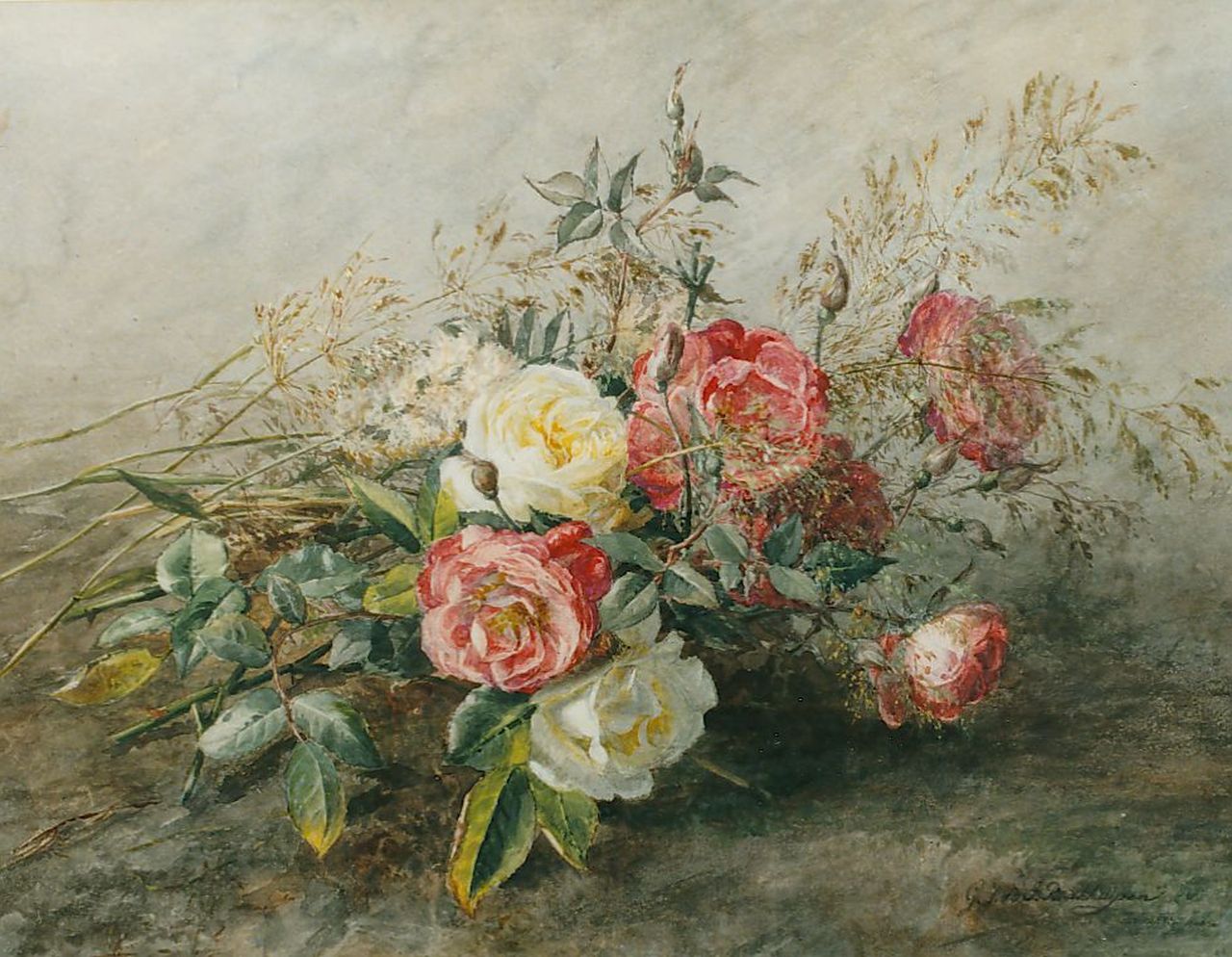 Sande Bakhuyzen G.J. van de | 'Gerardine' Jacoba van de Sande Bakhuyzen, Bouquet of roses, watercolour on paper 36.0 x 46.0 cm, signed l.r.