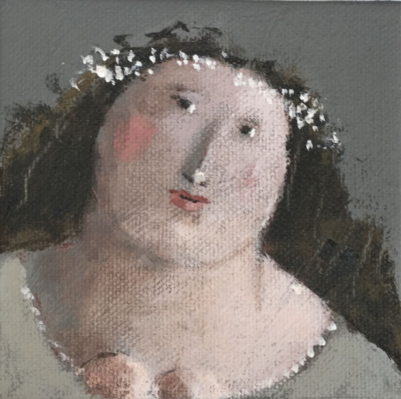 Hemert E. van | Evert van Hemert, Maria with garland of gypsophila, acrylic on canvas 10.1 x 10.1 cm, signed underside of the canvas