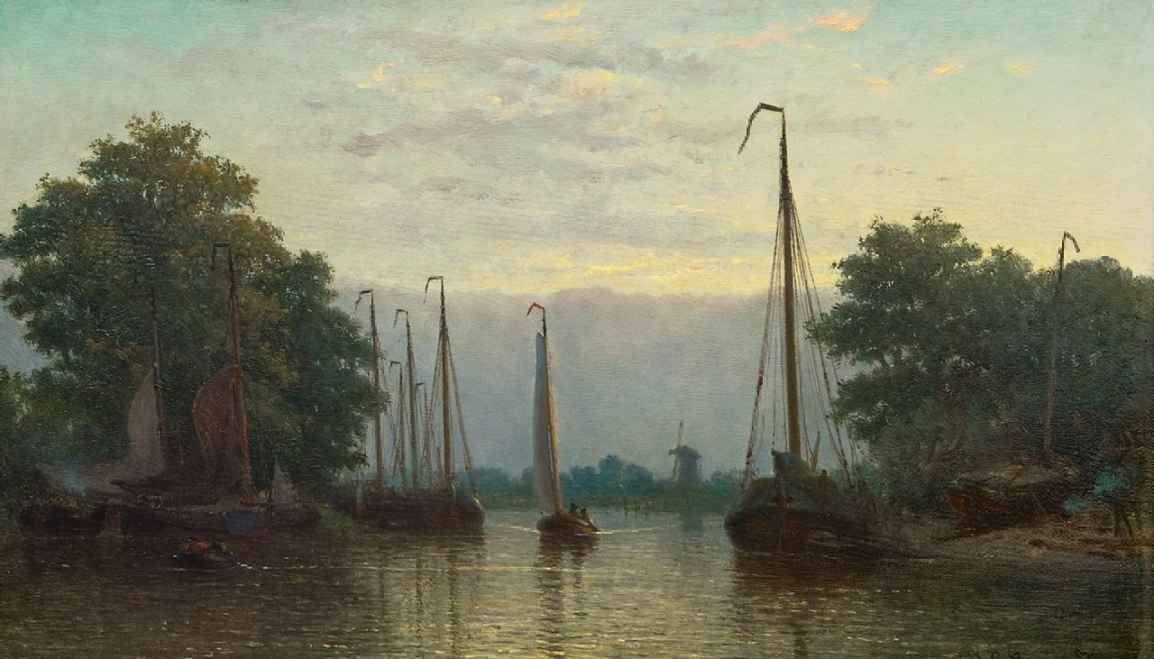 Greive J.C.  | Johan Conrad 'Coen' Greive | Paintings offered for sale | A smal shipyard river along the river at dusk, oil on panel 25.5 x 42.5 cm, signed l.r.