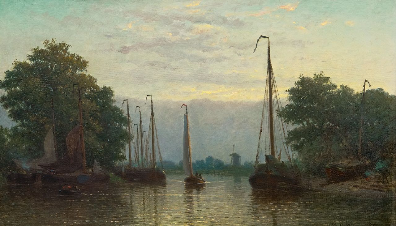 Greive J.C.  | Johan Conrad 'Coen' Greive | Paintings offered for sale | A smal shipyard river along the river at dusk, oil on panel 25.5 x 42.5 cm, signed l.r.