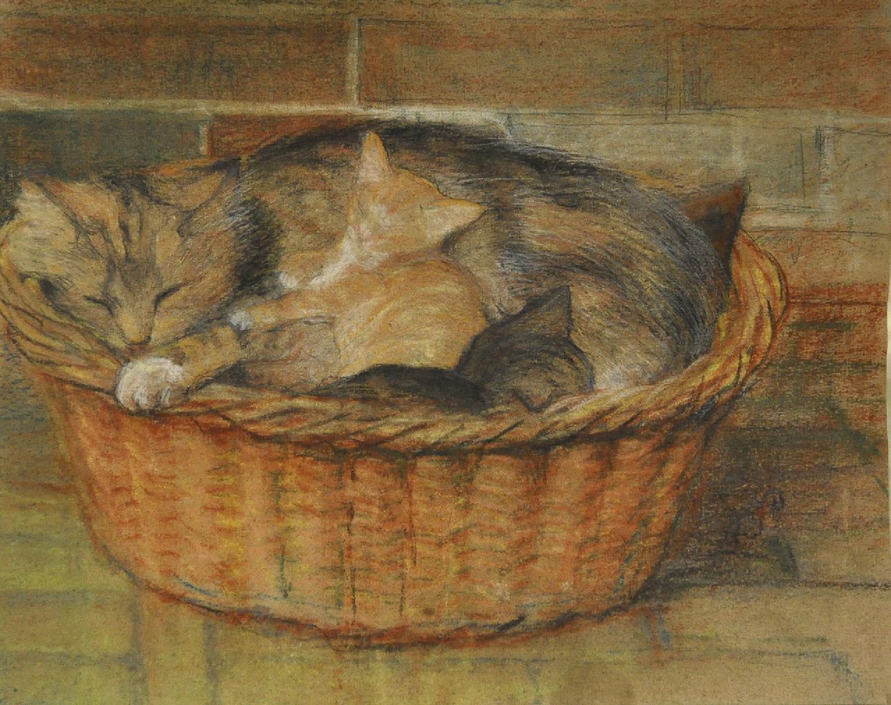 Dyserinck A.G.  | Adrienne Gertrude 'Attie' Dyserinck, Sleeping cat and kittens in a basket, pastel on paper 31.9 x 40.0 cm, signed l.r. with initials