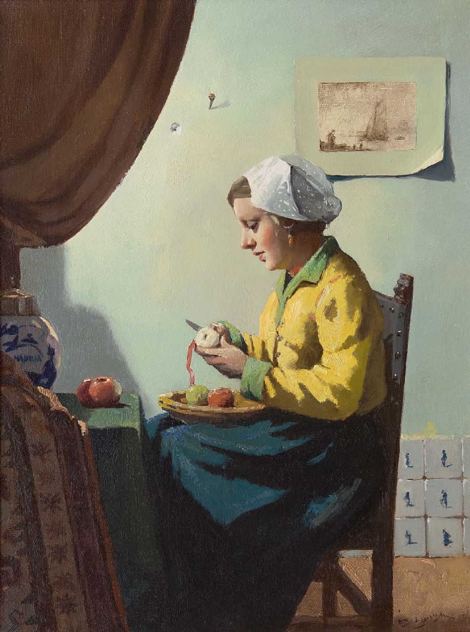 Ligtelijn E.J.  | Evert Jan Ligtelijn, Young girl peeling an apple, oil on canvas 40.2 x 30.4 cm, signed l.r.