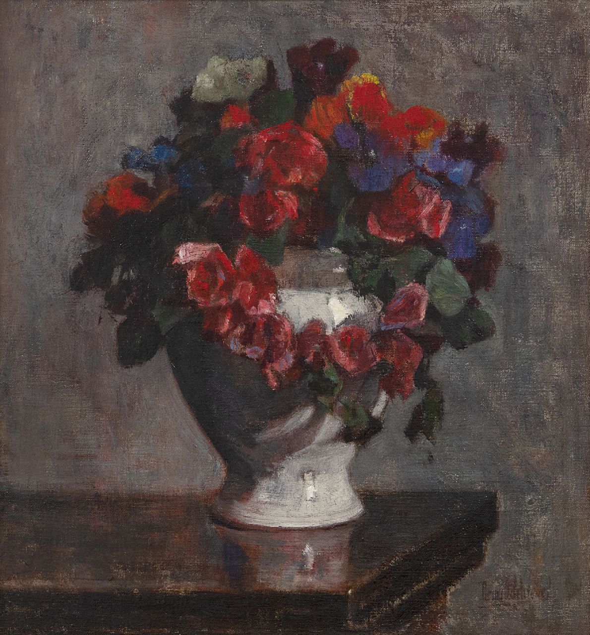 Schregel B.P.  | Bernardus Petrus 'Bernard' Schregel | Paintings offered for sale | Pansies in a white vase, oil on canvas 32.9 x 30.4 cm, signed l.r.