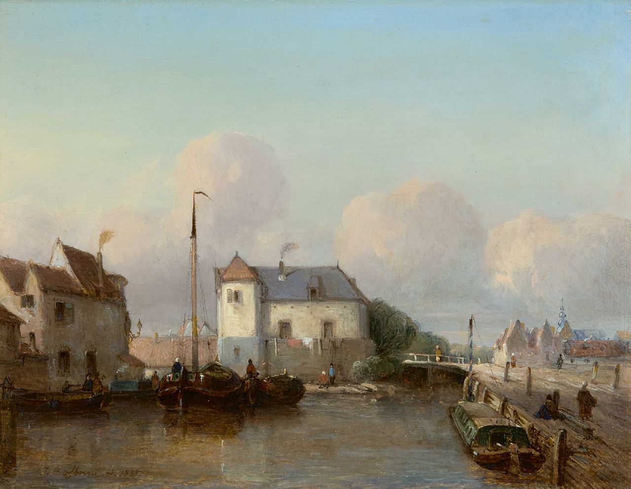 Bosboom J.  | Johannes Bosboom, A Dutch inner port, oil on panel 24.8 x 31.7 cm, signed l.l. and dated 1835