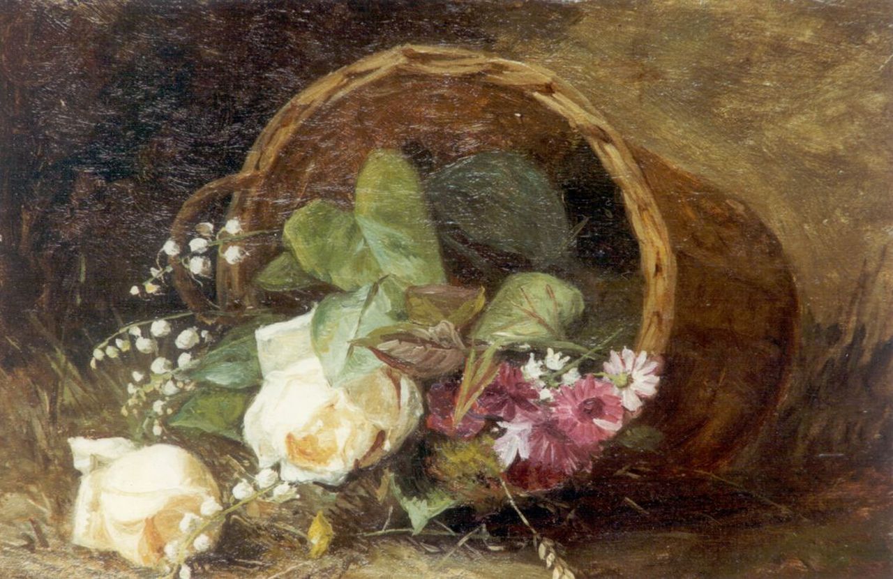 Borselen H.M. van | Helena Maria van Borselen, A flower basket, oil on panel 23.5 x 34.2 cm